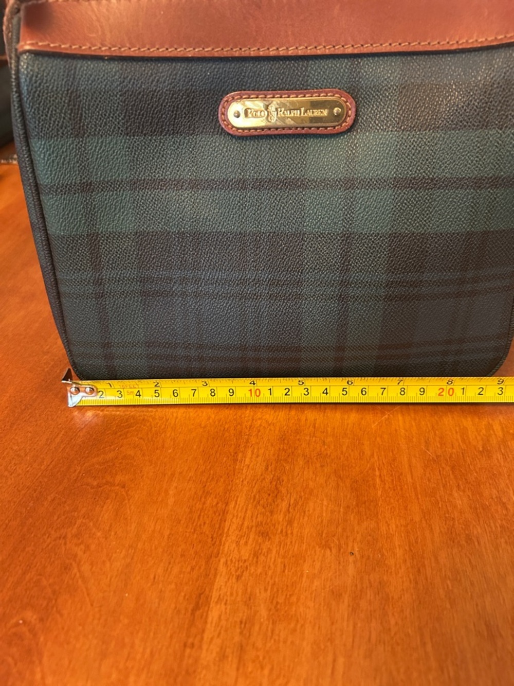 Ralph Lauren Green and Black Plaid Toiletry Crossbody with Brown Trim - Picture 4 of 7